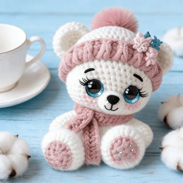 Finished Pink Scarf Bear Yarn Doll with Cute Scarf