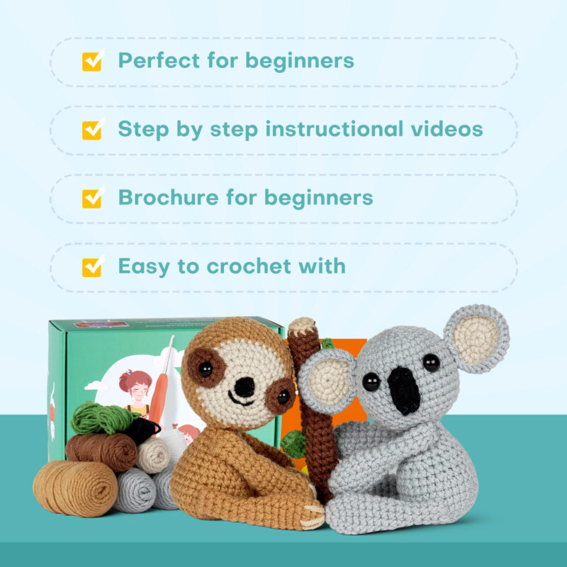 Soft cotton yarn and ergonomic crochet hook for beginner sloth and koala crochet kit