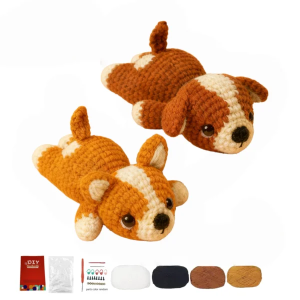 2 tiny dog crochet plush kit Small crochet dog plush placed on a modern office desk