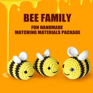 Complete 3 colorful bee crochet plush kit supplies on wooden table