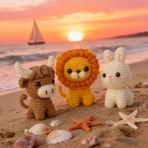 3 pack animal craft kit 3-Pack Cow Lion Rabbit Crochet Kit Complete Beginner DIY Set