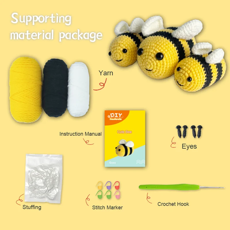 Complete 3 tiny bee crochet plush kit supplies on wooden table