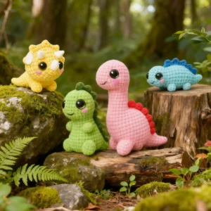 Complete dinosaur crochet kit supplies on wooden table