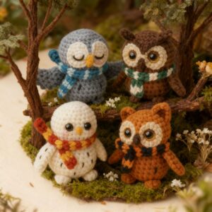 4 owl diy crochet kit Complete 4 owl crochet kit supplies on wooden table