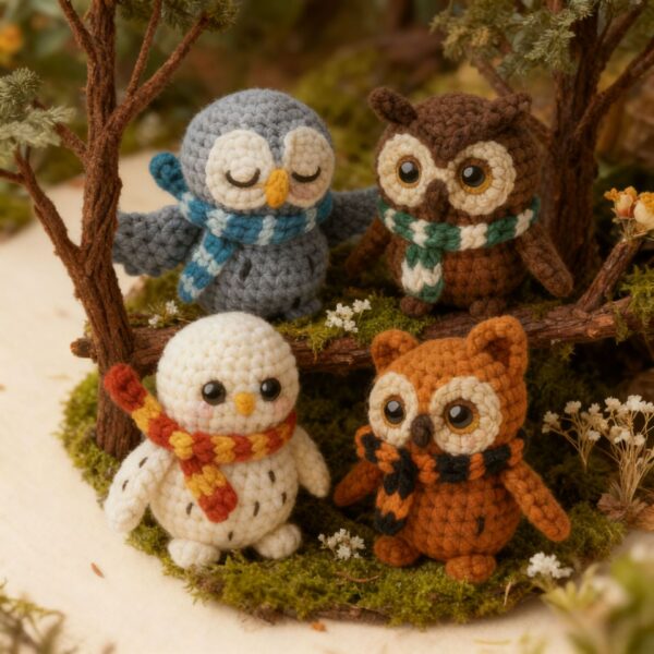Complete 4 owl crochet kit supplies on wooden table