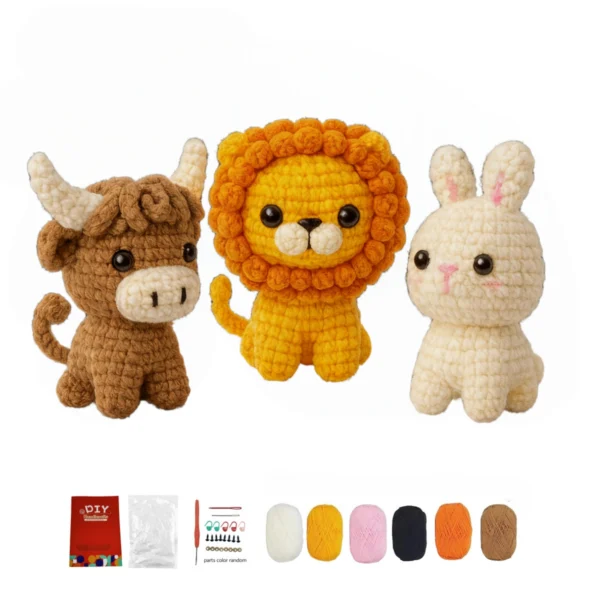 DIY cow lion bunny crochet 3-Pack Cute Cow Lion Rabbit Crochet Kit