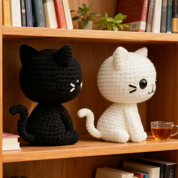 Cute Black and White Cat Crochet Amigurumi Set Front View