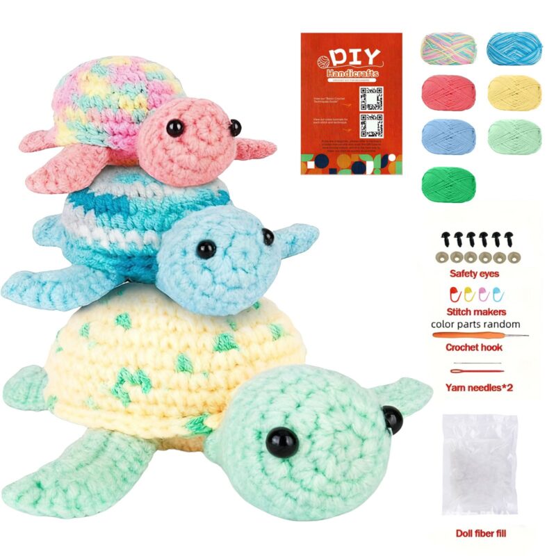 3pcs Turtle Crochet Kit with Full Tools – Soft Yarn Turtle DIY Project