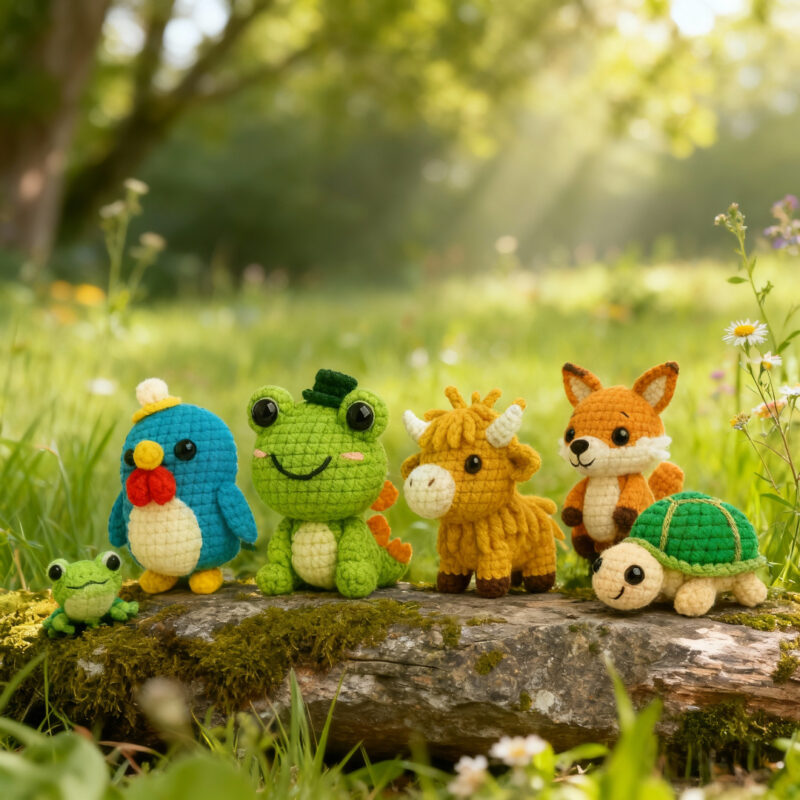 Handmade Fuzzy Animal Plush - 6 Pack Crochet Kit with Yarn & Hook