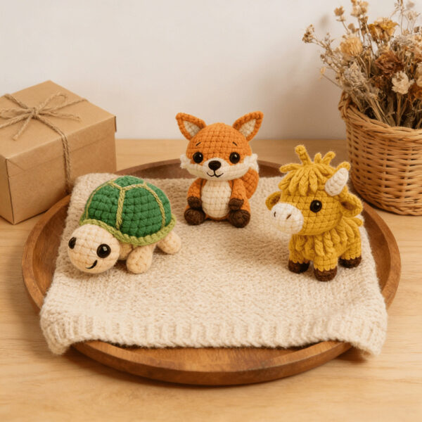 3-Pack Turtle Fox Highland Cow Crochet Kit Complete Beginner Set