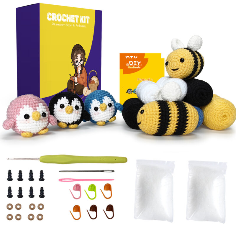 Step-by-step photo tutorial for shaping tiny crochet bee and penguin