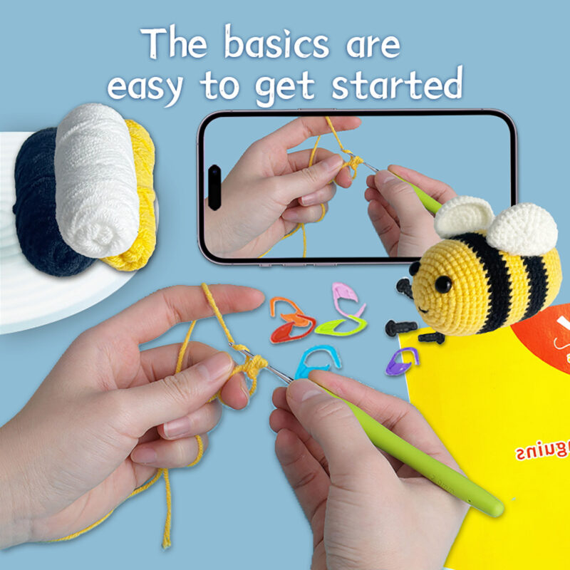 Small crochet bee plush placed on a modern office desk