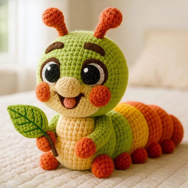 Complete caterpillar crochet kit supplies on wooden table