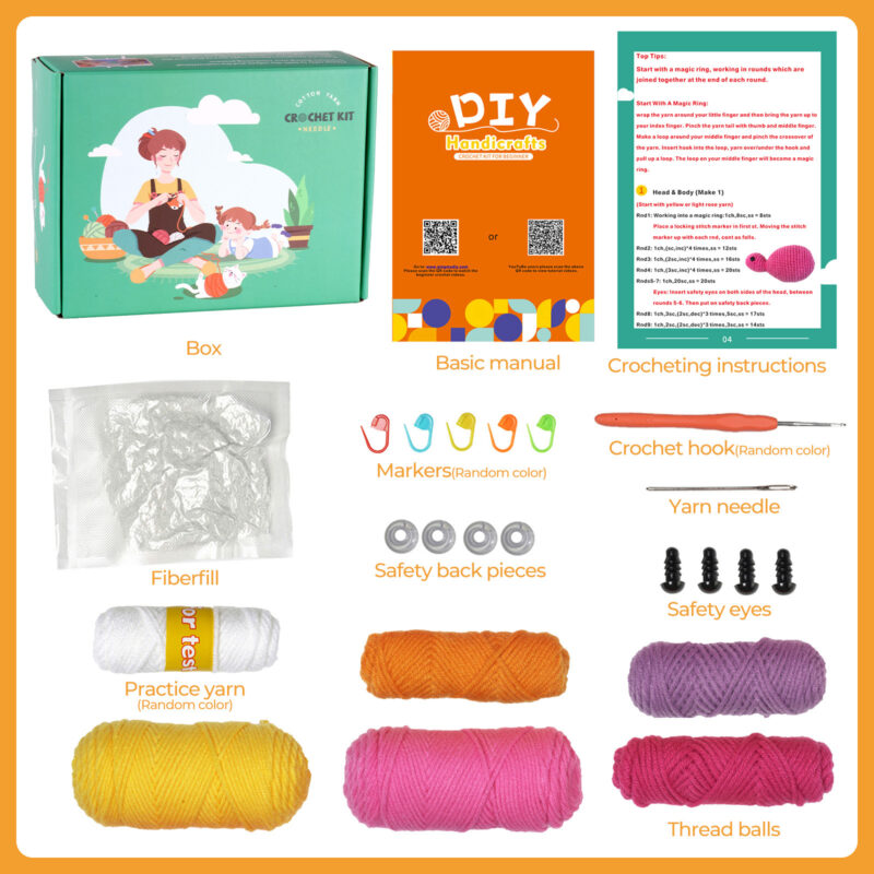 Complete green ankylosaurus crochet plush kit supplies laid out on a wooden craft table