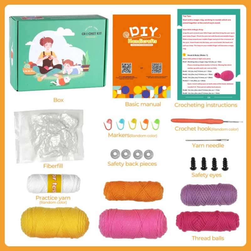 Complete green ankylosaurus crochet plush kit supplies laid out on a wooden craft table