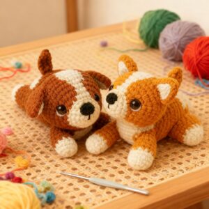 Complete 2 tiny dog crochet plush kit supplies on wooden table