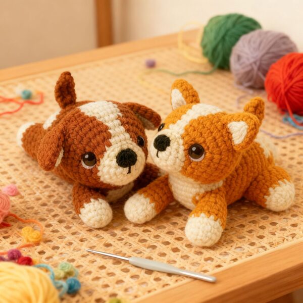 Complete 2 tiny dog crochet plush kit supplies on wooden table