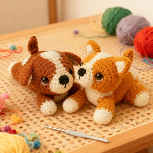 beginner crochet kit Complete 2 tiny dog crochet plush kit supplies on wooden table