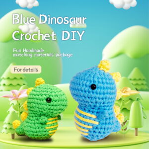 Complete blue green dinosaur crochet plush kit supplies on wooden table