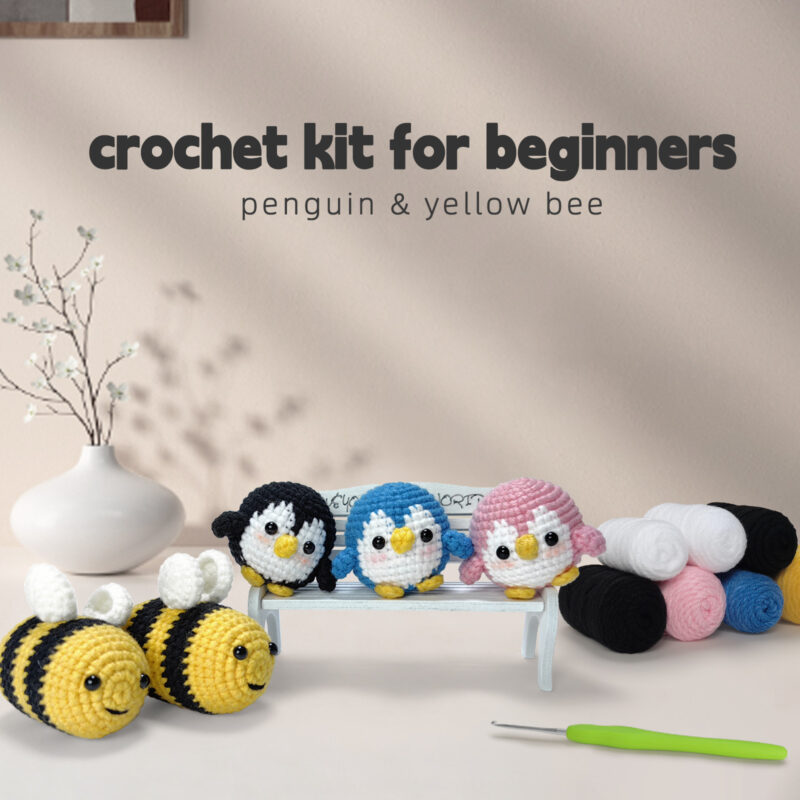 Two finished handmade bee and penguin plushies displayed on shelf