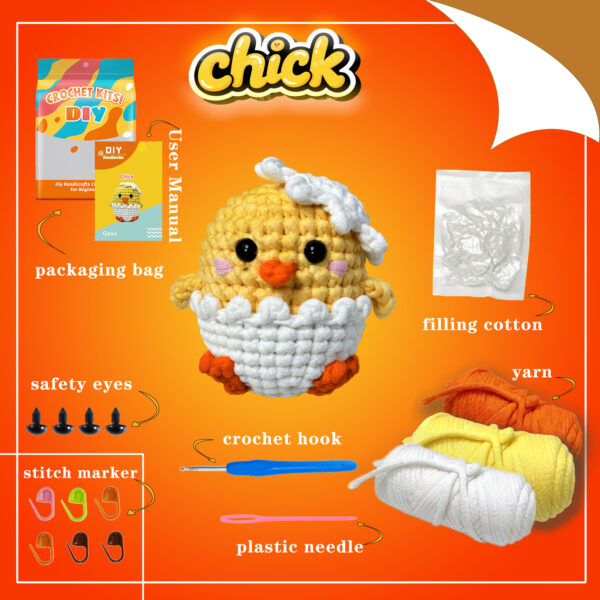 Step-by-step photo tutorial for shaping tiny crochet chick wings