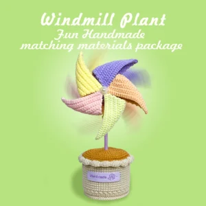 Complete potted pinwheel crochet kit supplies on wooden table