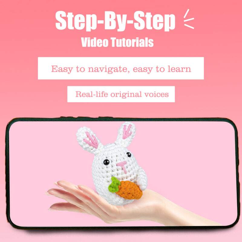 Step-by-step photo tutorial for shaping tiny crochet bunny and carrot