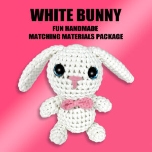 beginner crochet kit Complete tiny white bunny crochet plush kit supplies on wooden table