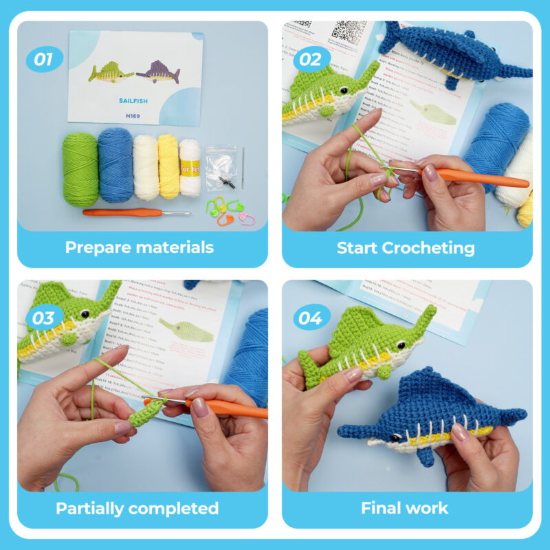 Deep ocean blue cotton yarn and ergonomic crochet hook for beginner sailfish kit