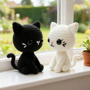 Black & White Cat Crochet Kit 2-Pack DIY Yarn Doll Set Full Supplies