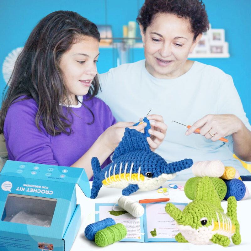 Deep ocean blue cotton yarn and ergonomic crochet hook for beginner sailfish kit