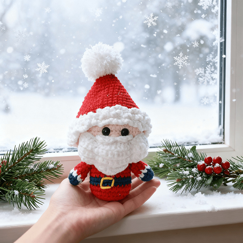 Small crochet christmas plush placed on modern office desk