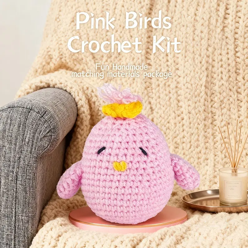 Close Up of Handmade Pink Bird Yarn Figurine Ornament