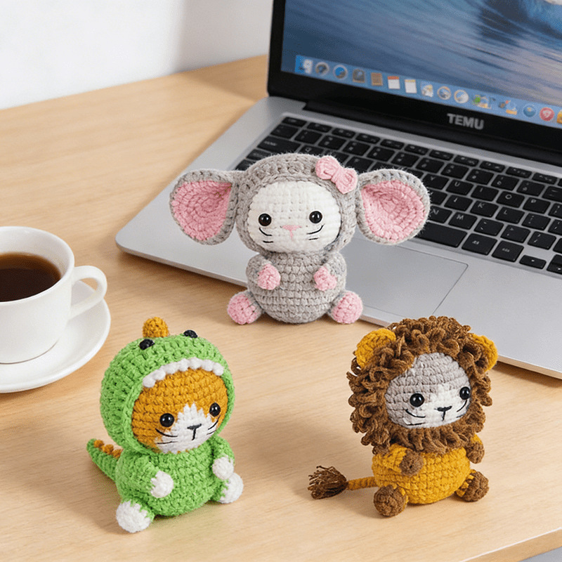 Three Crochet Animal Dolls (Mouse, Lion, Dinosaur) as Home Decor Display