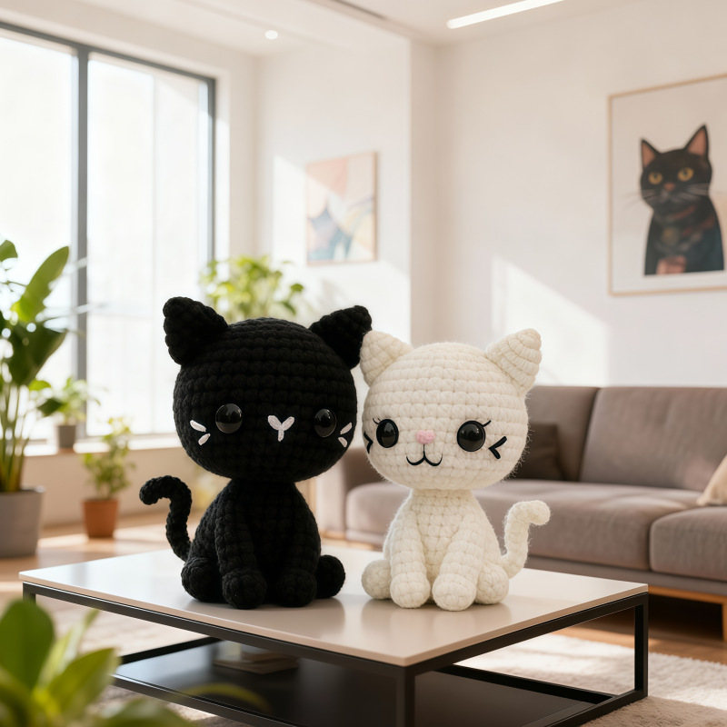 Black and White Crochet Cats as Home Decor Display
