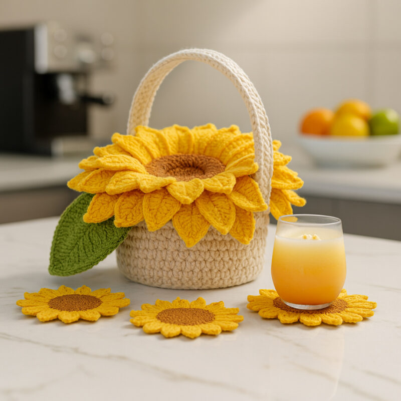 Handmade Sunflower Coasters – Complete Crochet Craft Set