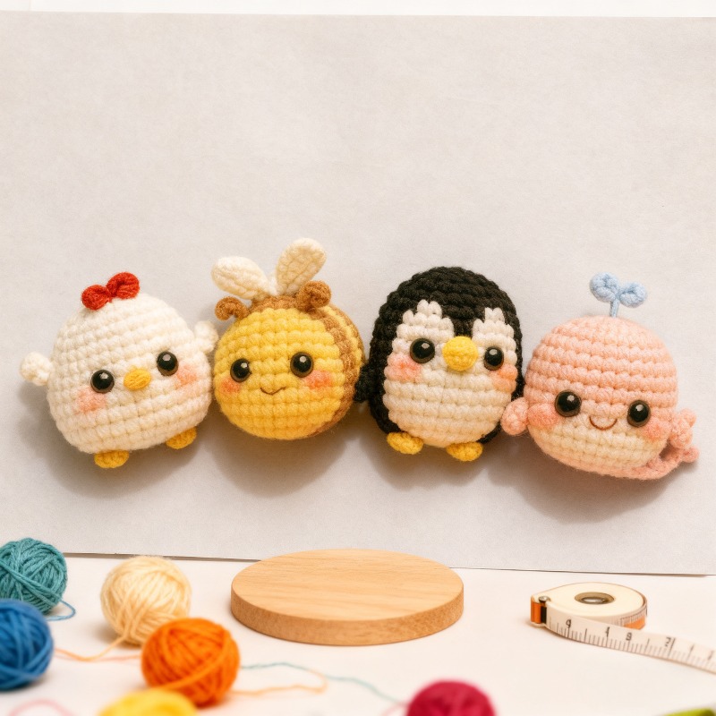 Four finished handmade animal decor displayed on a home shelf