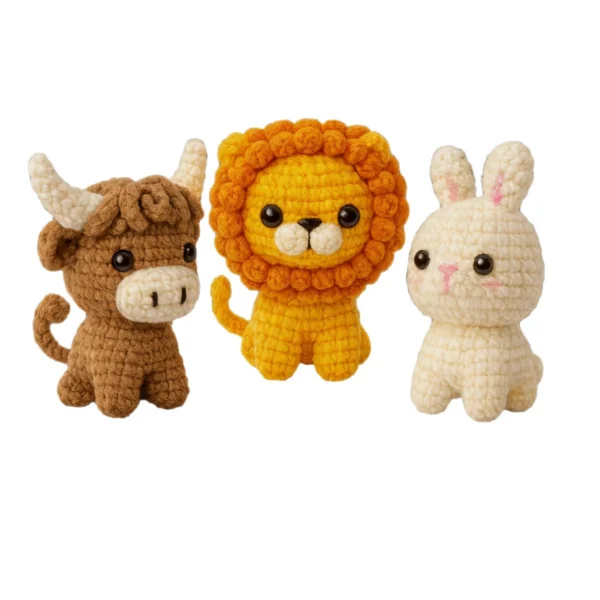 cute animal DIY kit 3-Pack Cow Lion Rabbit Crochet Kit Yarn Hook and Full Supplies