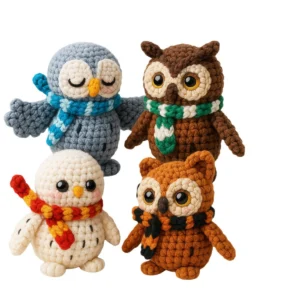 4Pcs Cartoon Owl Crochet Kit Big Eyes Beginner DIY Set