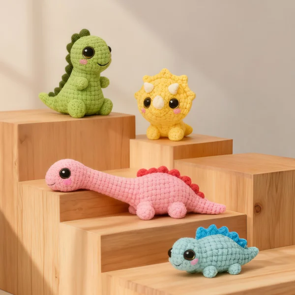 Cute 4-Pack Dinosaur Crochet Amigurumi Full View