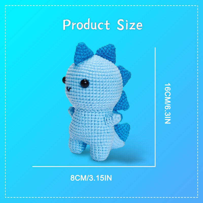 Small crochet triceratops plush placed on a modern office desk