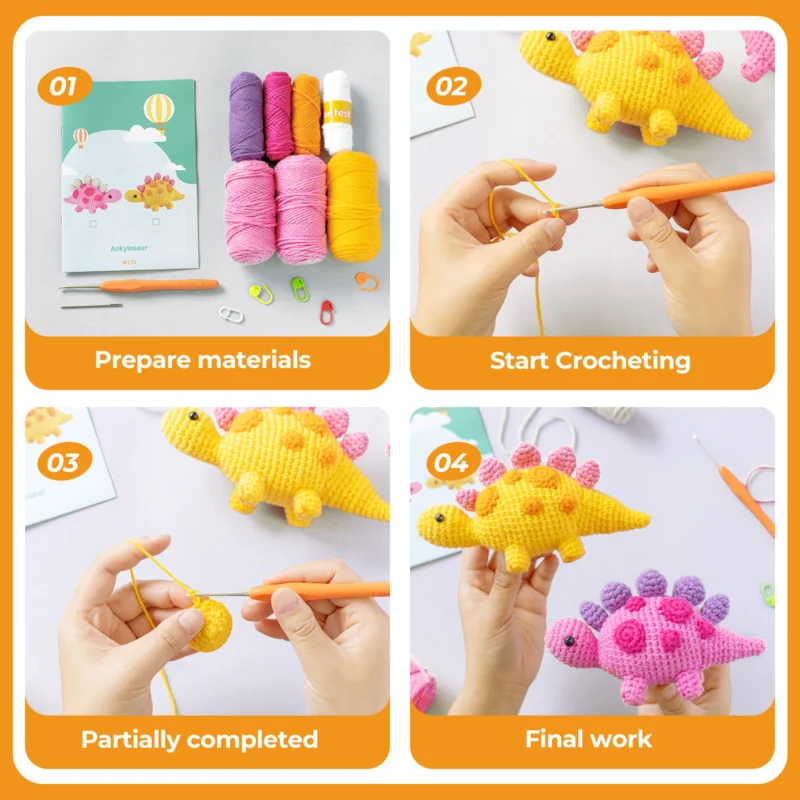 Step-by-step photo tutorial for shaping crochet ankylosaurus back armor plates