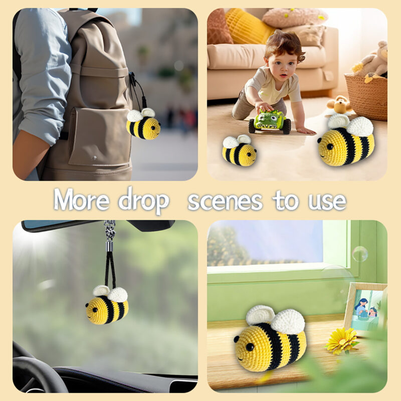 Three finished handmade bee plushies displayed on nursery shelf