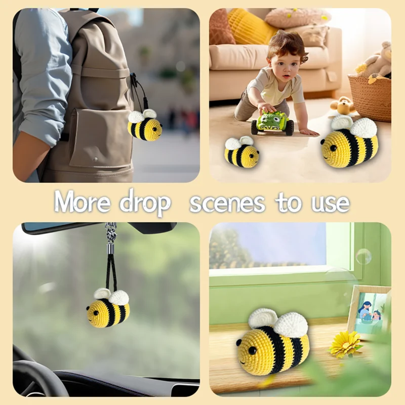 Three finished handmade bee plushies displayed on nursery shelf