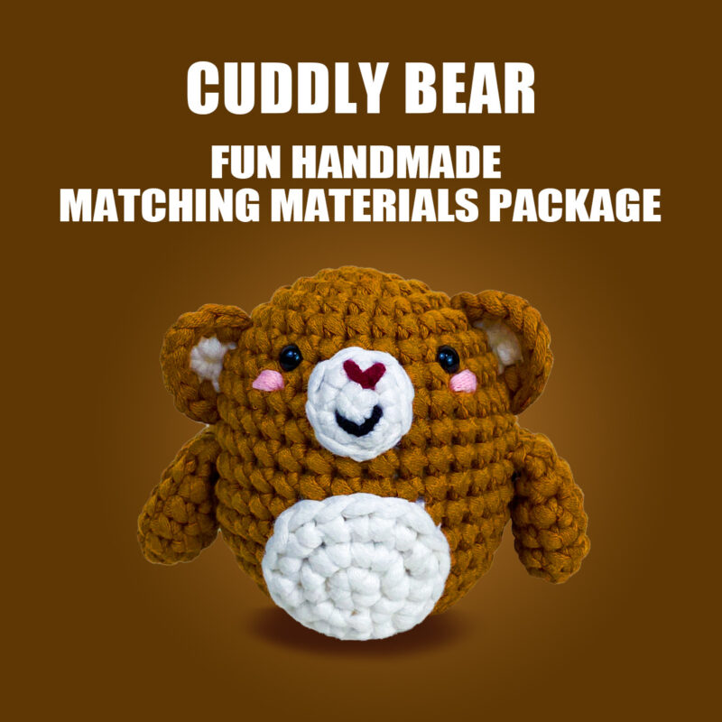 Complete brown bear crochet plush kit supplies on wooden table