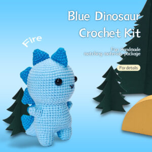 Complete blue triceratops crochet plush kit supplies on wooden table