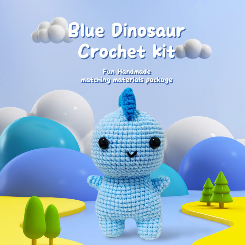 Finished handmade blue triceratops crochet plush displayed on nursery shelf
