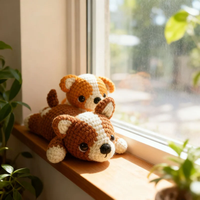 Small crochet dog plush placed on a modern office desk