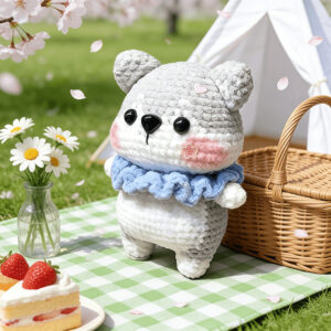 Complete husky crochet kit supplies on wooden table