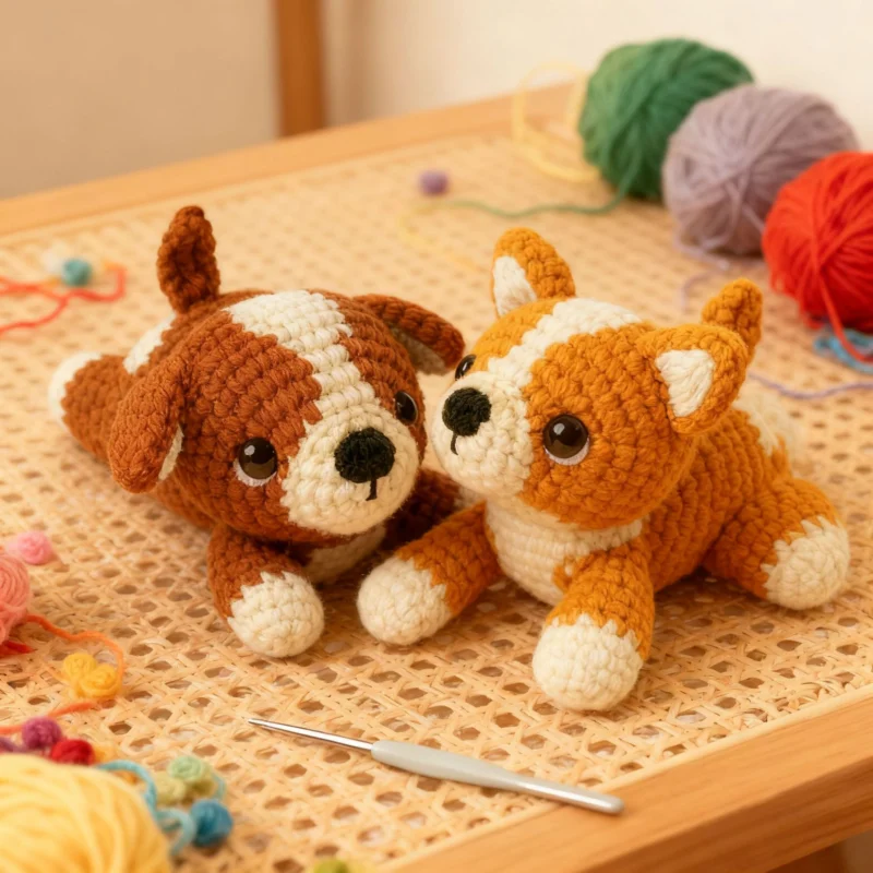 Beginner Crochet Dog Kit – DIY Amigurumi Dog Plush 5 Small crochet dog plush placed on a modern office desk